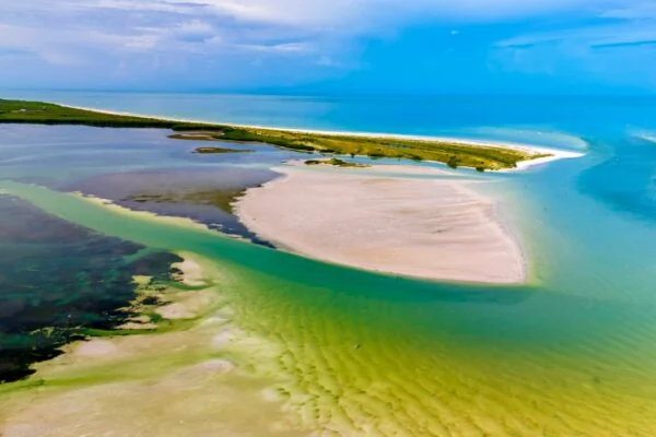 An aerial view of an island in the ocean