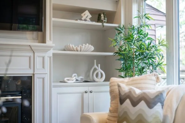 Living room with built-in shelves and decorative items